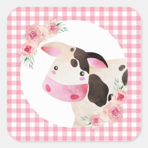 Pink Gingham Cow Floral Square Sticker