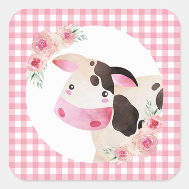 Pink Gingham Cow Floral Square Sticker (Front)