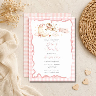 Pink Gingham Cow Moon Baby Shower Invitation
