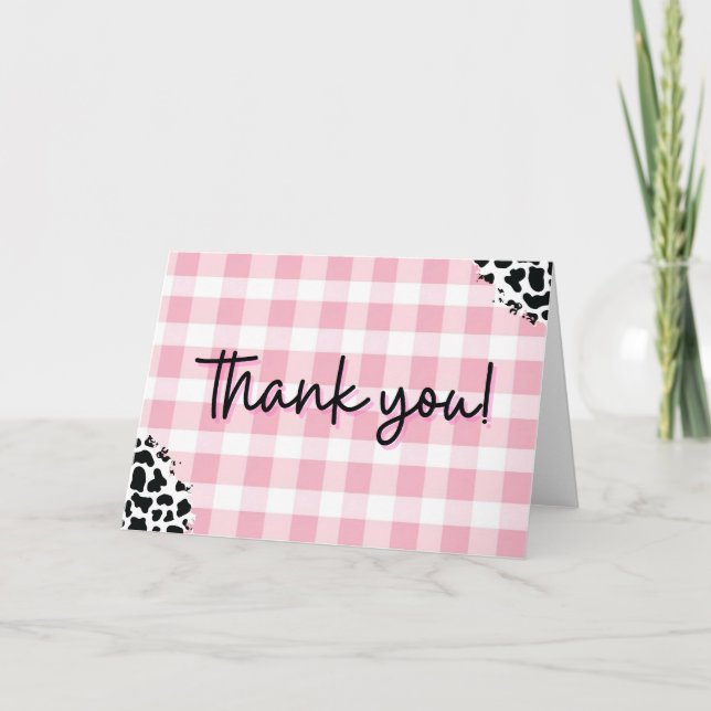 Pink Gingham Cow Print Thank You Card for Birthday (Front)