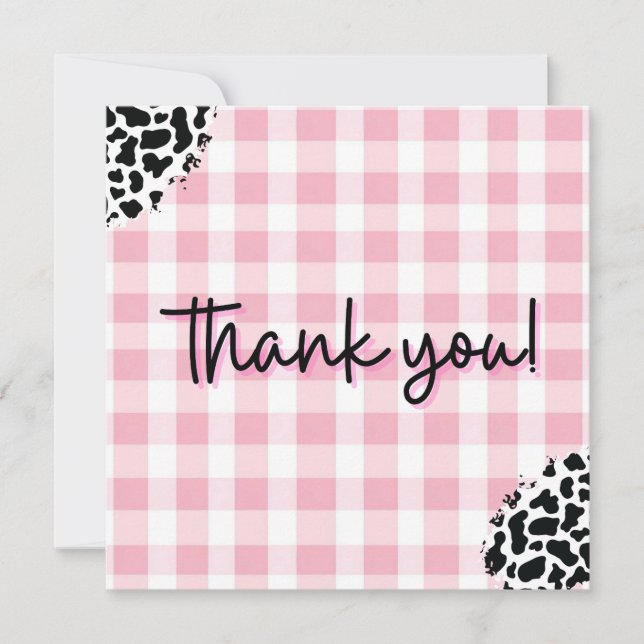 Pink Gingham Cow Print Thank You Card for Birthday (Front)