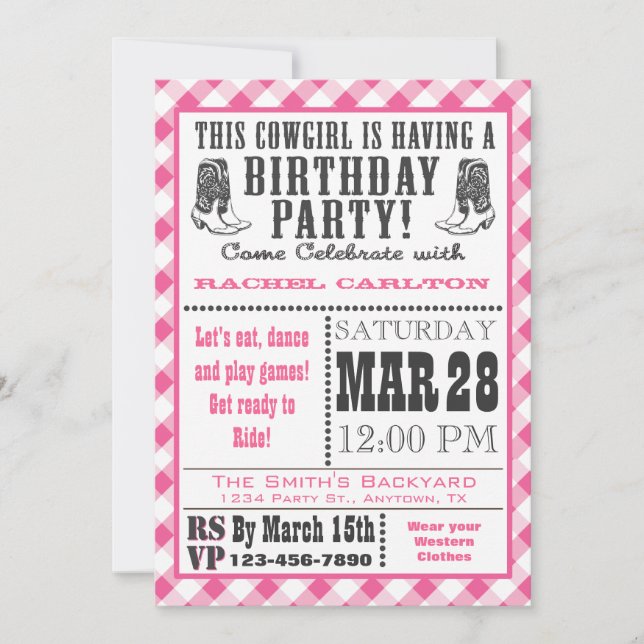 Pink Gingham Cowgirl Birthday Invitation (Front)