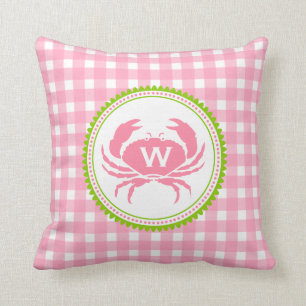 Pink Gingham & Crab Monogram Pillow