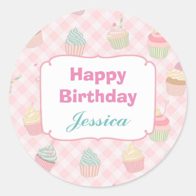 Pink Gingham Cupcake Personalised Birthday Classic Round Sticker (Front)