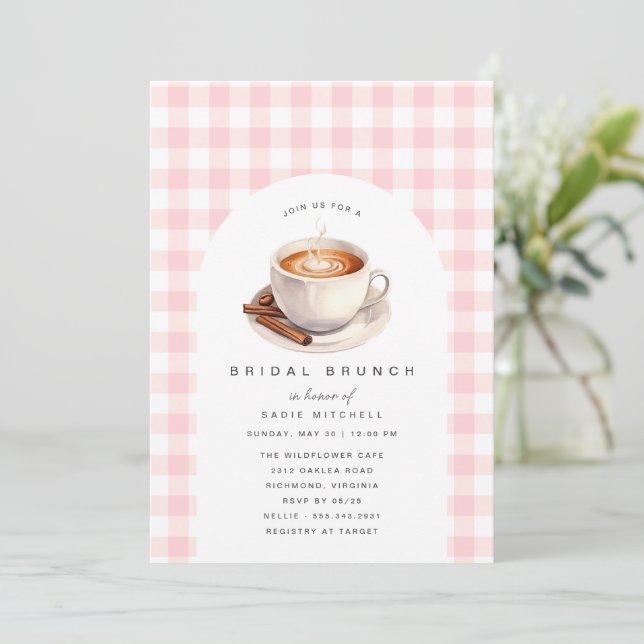 Pink Gingham | Cute Coffee Bridal Shower Brunch Invitation (Standing Front)