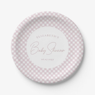 Pink gingham cute simple personalised baby shower paper plate