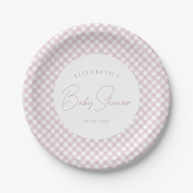 Pink gingham cute simple personalised baby shower paper plate (Front)