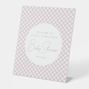 Pink gingham cute simple personalised baby shower pedestal sign