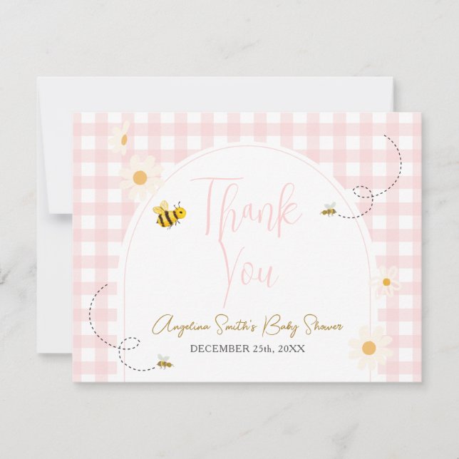 Pink Gingham Daisies Bee Baby Shower Thank You (Front)