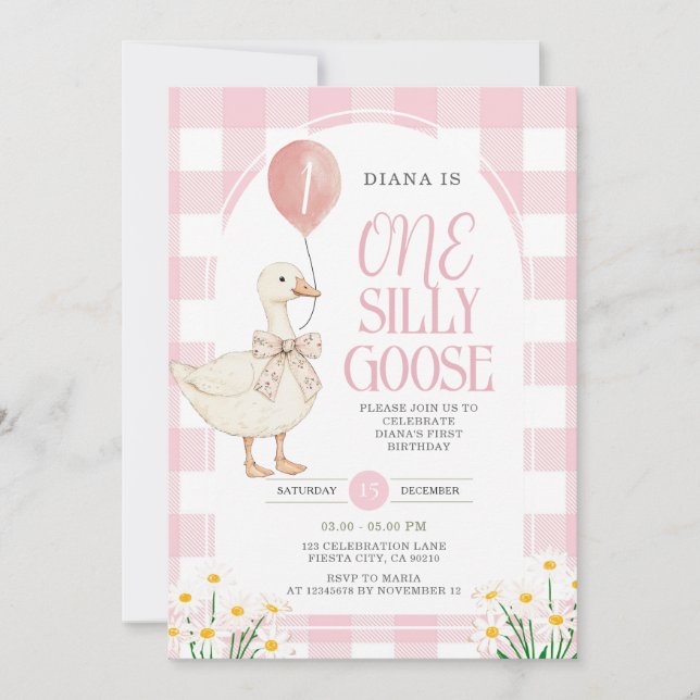 PINK Gingham Daisy One Silly Goose Birthday  Invitation (Front)