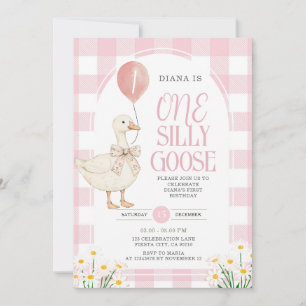 PINK Gingham Daisy One Silly Goose Birthday  Invitation