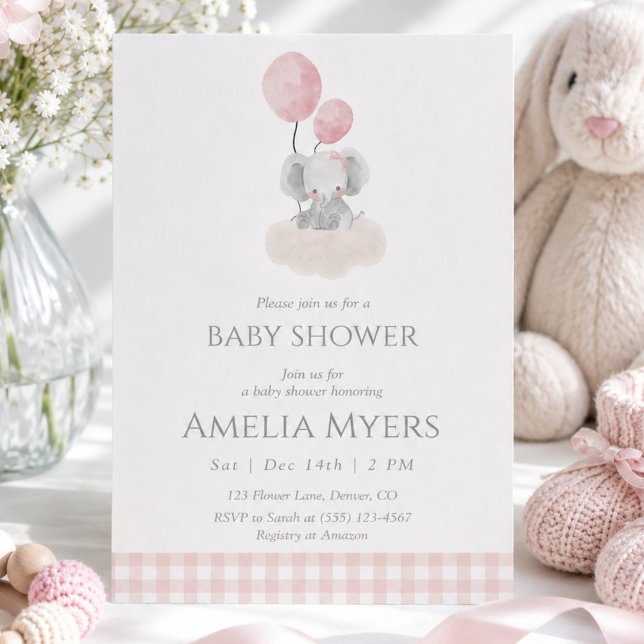 Pink Gingham Elephant on Cloud Baby Shower  Invitation (Creator Uploaded)