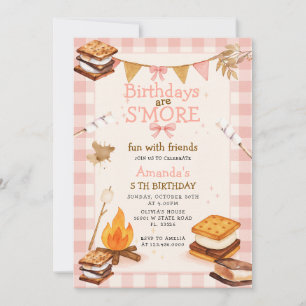 Pink Gingham Fall Camping Bonfire Smores Invitation