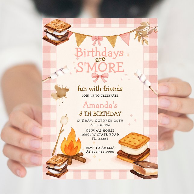 Pink Gingham Fall Camping Bonfire Smores Invitation (Creator Uploaded)