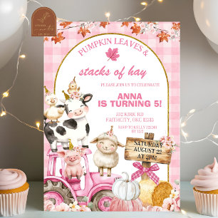 Pink Gingham Fall Pumpkin Farm Animal Birthday Invitation
