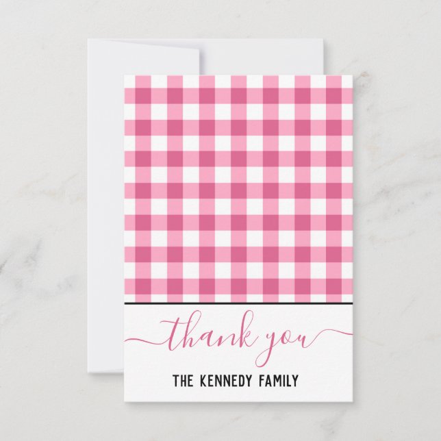 Pink Gingham Family Name Rustic   Thank You Card (Front)