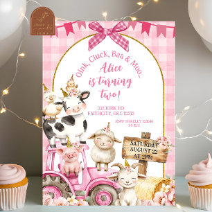 Pink Gingham Farm Animal Girl 2nd Birthday Invitation