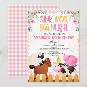 Pink Gingham Farm Animals Girl Birthday Barnyard Invitation