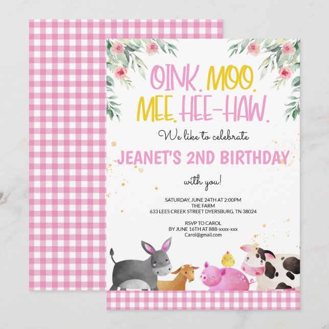 Pink Gingham Farm Animals Girls Birthday Barnyard Invitation (Front/Back)