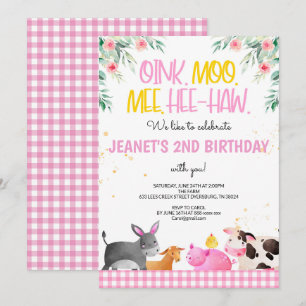 Pink Gingham Farm Animals Girls Birthday Barnyard Invitation