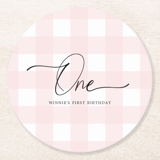 Pink Gingham First Birthday Drink Coaster (Front)