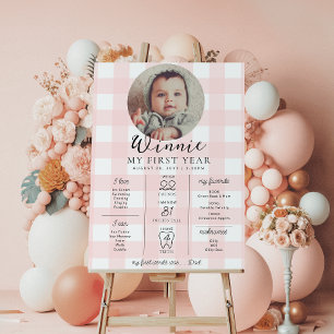 Pink Gingham First Birthday Milestone Timeline Poster