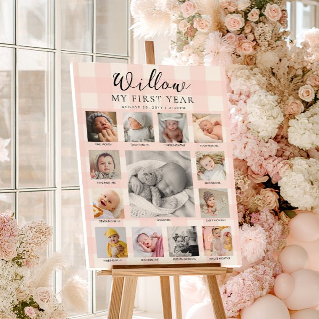 Pink Gingham First Birthday Photo Timeline Poster (Creator Uploaded)