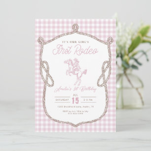 Pink Gingham First Rodeo 1st Birthday Cowboy  Invitation