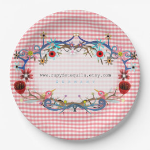 Pink gingham floral art birds paper plate