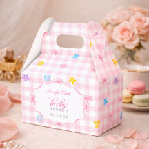 Pink Gingham Floral Bow Baby Shower Favor Boxes