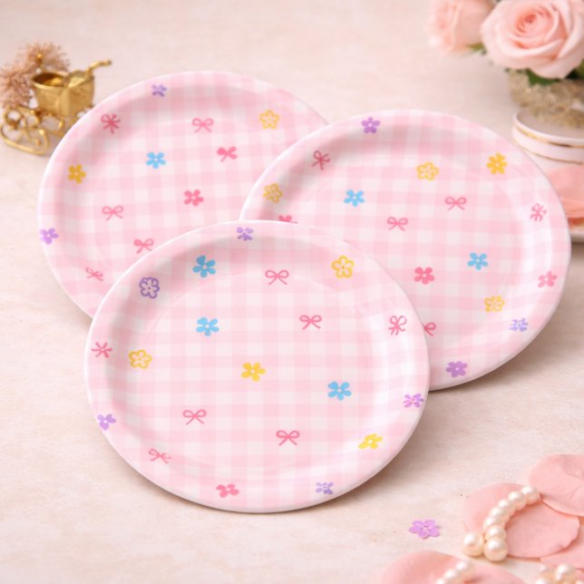 Pink Gingham Floral Bow Baby Shower Paper Plates (Creator Uploaded)