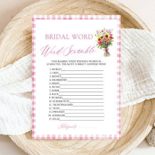 Pink Gingham Floral Bridal Word Scramble Game Invitation