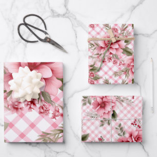 Pink Gingham Floral Christmas Berries Wrapping Paper Sheet