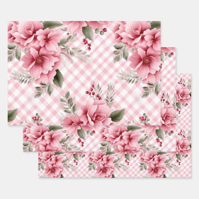 Pink Gingham Floral Christmas Berries Wrapping Paper Sheet (Set)