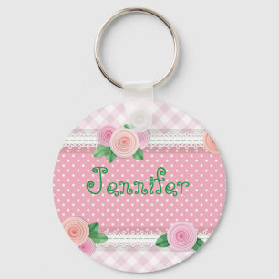 Pink Gingham Floral Cute and Girly Sweet Key Ring