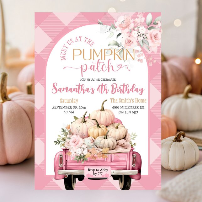 Pink Gingham Floral Fall Pumpkin Patch Birthday Invitation (Creator Uploaded)