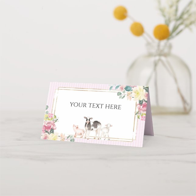 Pink Gingham Floral Farm Animals Place Card (Front)
