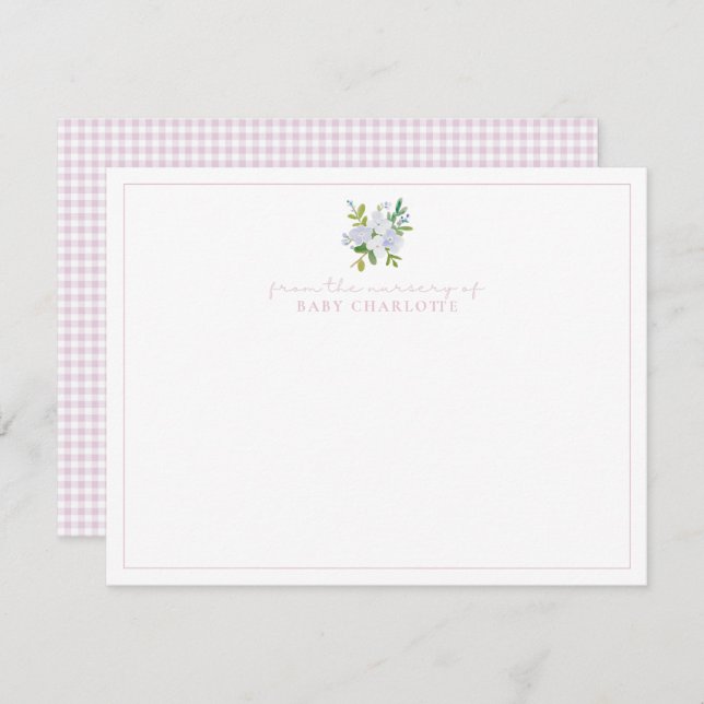 Pink gingham floral nursery baby note card (Front/Back)
