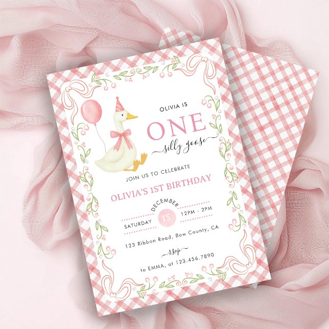 Pink Gingham Floral One Silly Goose 1st Birthday Invitation (Creator Uploaded)