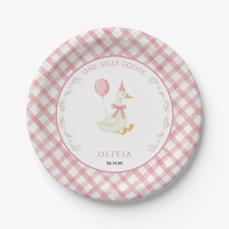 Pink Gingham Floral One Silly Goose 1st Birthday Paper Plate