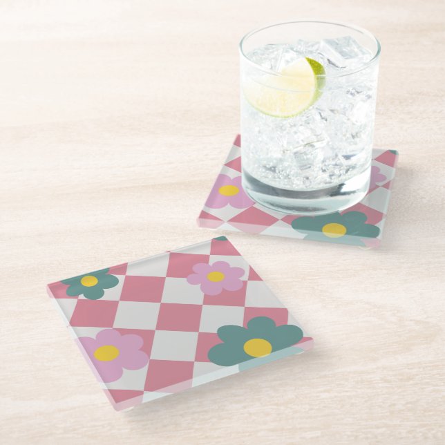 Pink Gingham Floral Pattern – Retro Cute Flower  Glass Coaster (Angled)