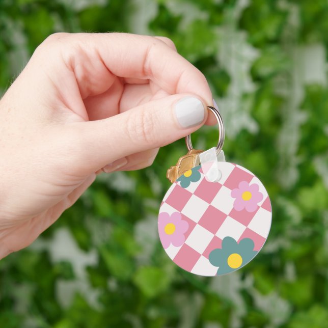 Pink Gingham Floral Pattern – Retro Cute Flower  Key Ring (Hand)