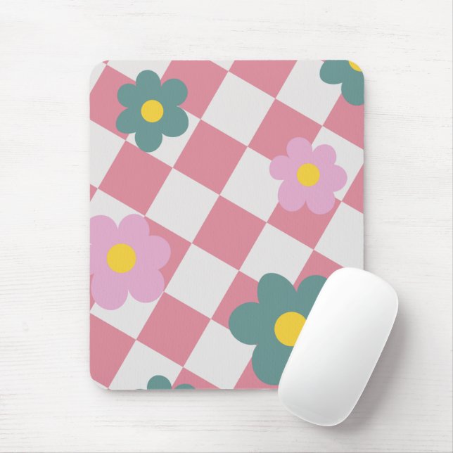 Pink Gingham Floral Pattern – Retro Cute Flower  Mouse Mat (With Mouse)