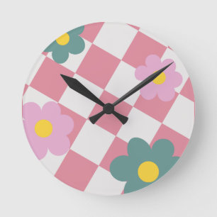 Pink Gingham Floral Pattern – Retro Cute Flower Round Clock
