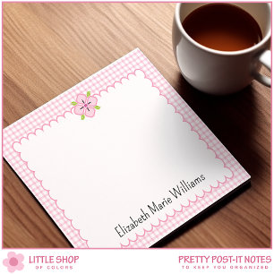 Pink Gingham Floral Scalloped Edge Personalized Post-it Notes