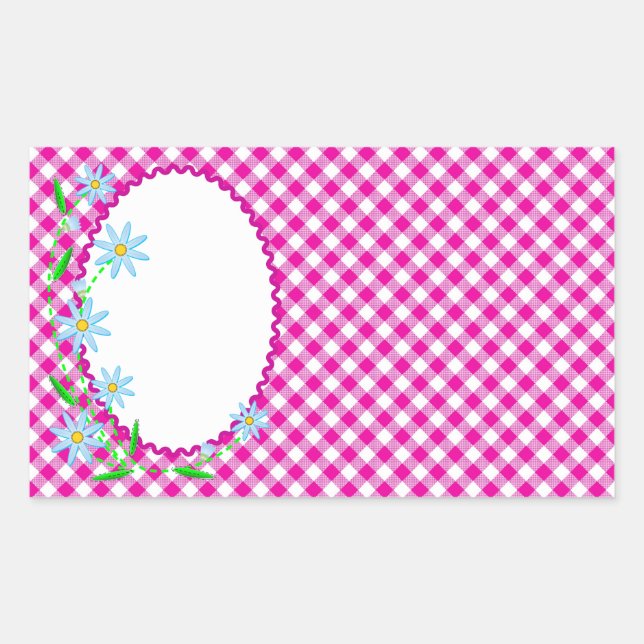 Pink Gingham & Flower Background Rectangle Sticker (Front)