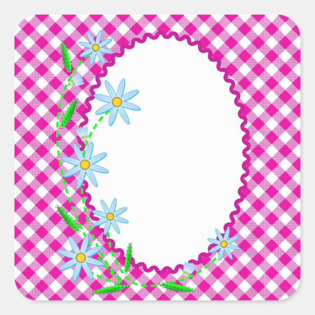 Pink Gingham & Flowers  Background Square Sticker (Front)