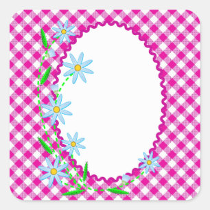 Pink Gingham & Flowers  Background Square Sticker