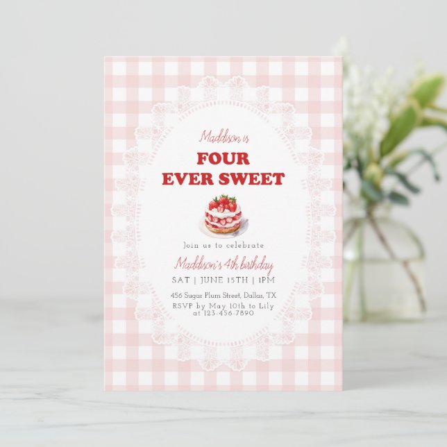 Pink Gingham Four ever Sweet Strawberry Birthday Invitation (Standing Front)