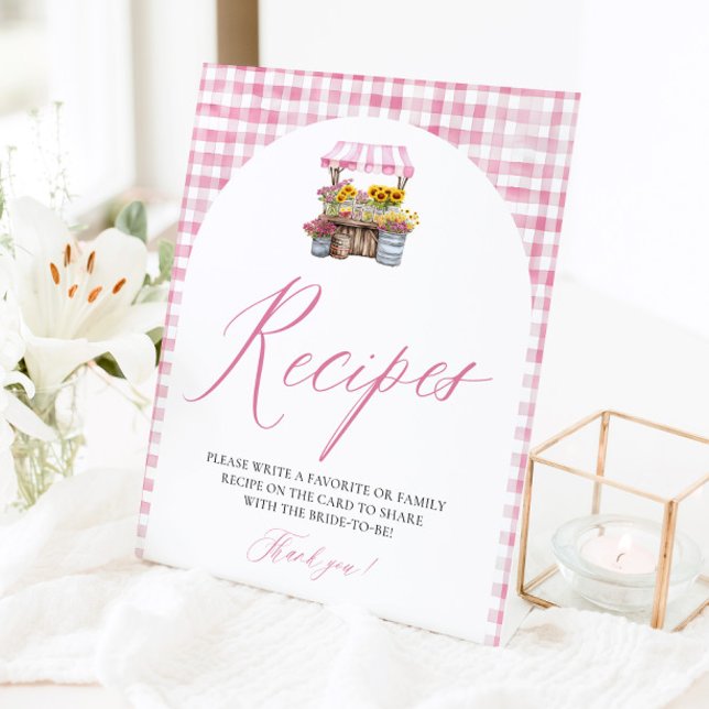 Pink Gingham Fresh Off The Market Recipes Shower Pedestal Sign (Watercolor Pink Gingham Fresh Off The Market Bridal Shower Recipes Sign)